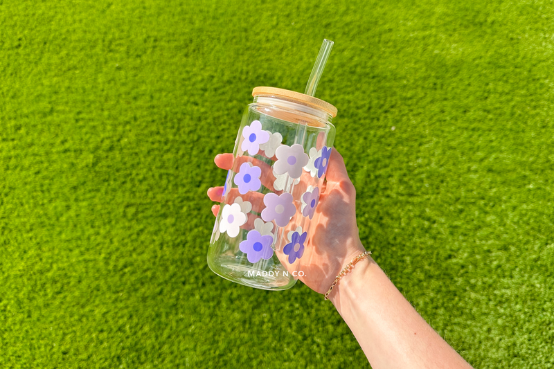 Purple Floral Soda Can Glass