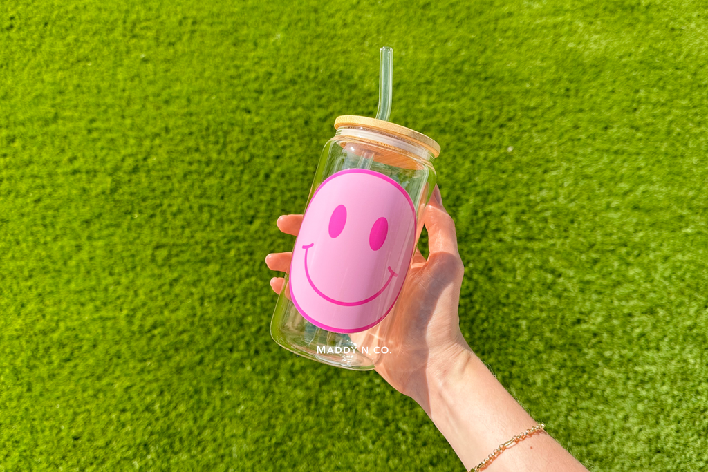 Pink Smiley Face Glass Cup